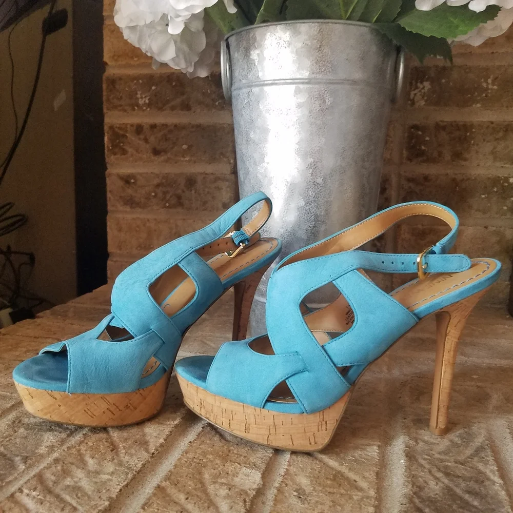 Nine West Platform Sandals Turquoise Blue Nubuck Cork Heels